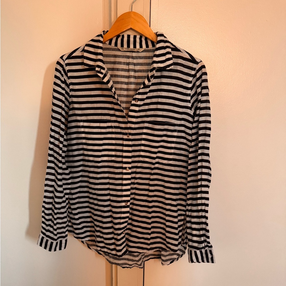 Zara Black and White Striped Button Down Shirt